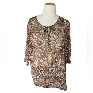 Maggie Barnes Plus SZ 2X Animal Print Studded Blouse Brown Sheer Boho Tunic Top